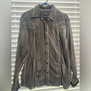 Roar Shirt Mens XXL Gray Long Sleeve Y2K Button Grunge Biker Goth Western